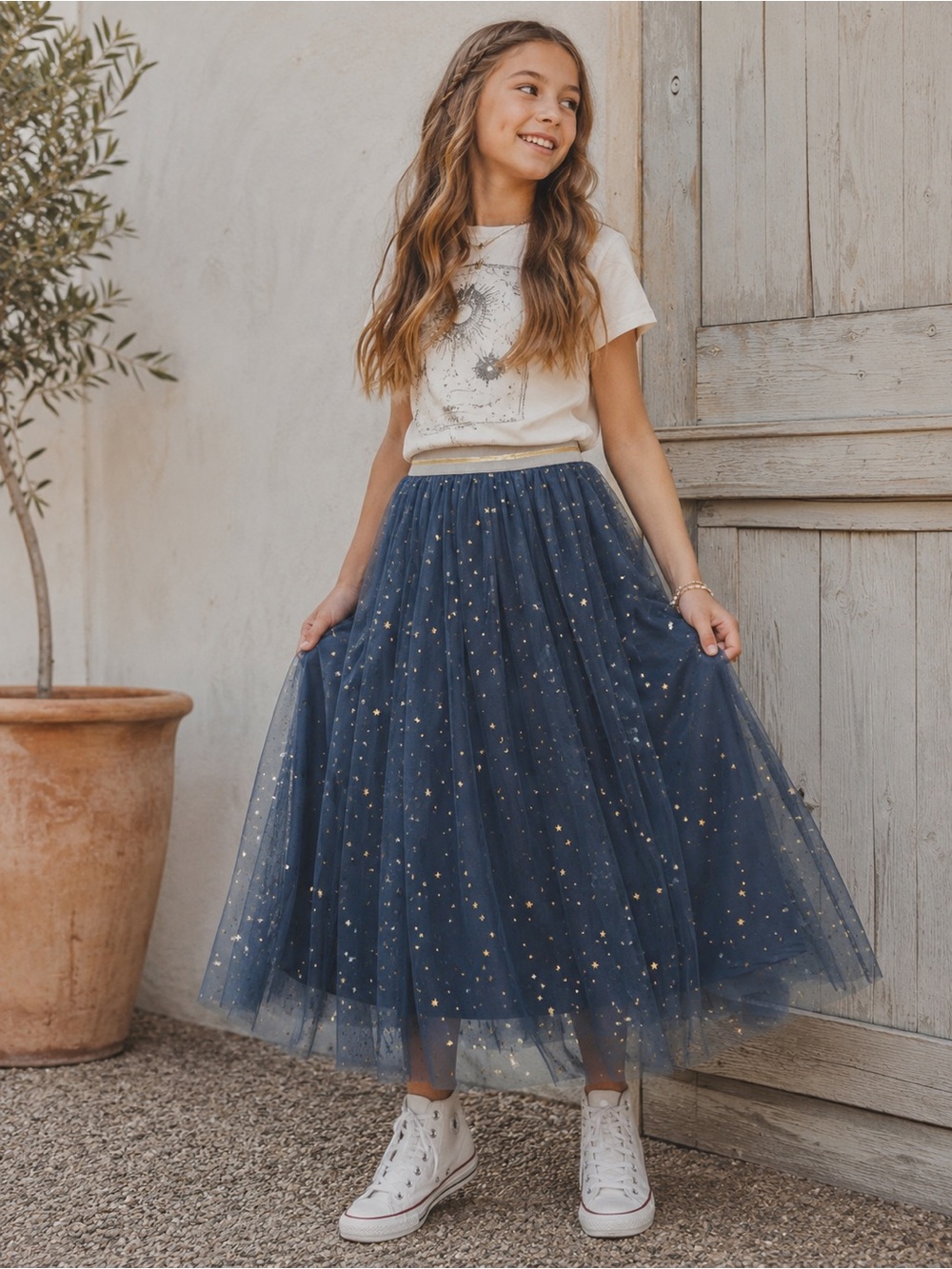 Blue Star Moon Tulle Maxi Skirt Girls 12/14 Celestial Fairycore Whimsigoth